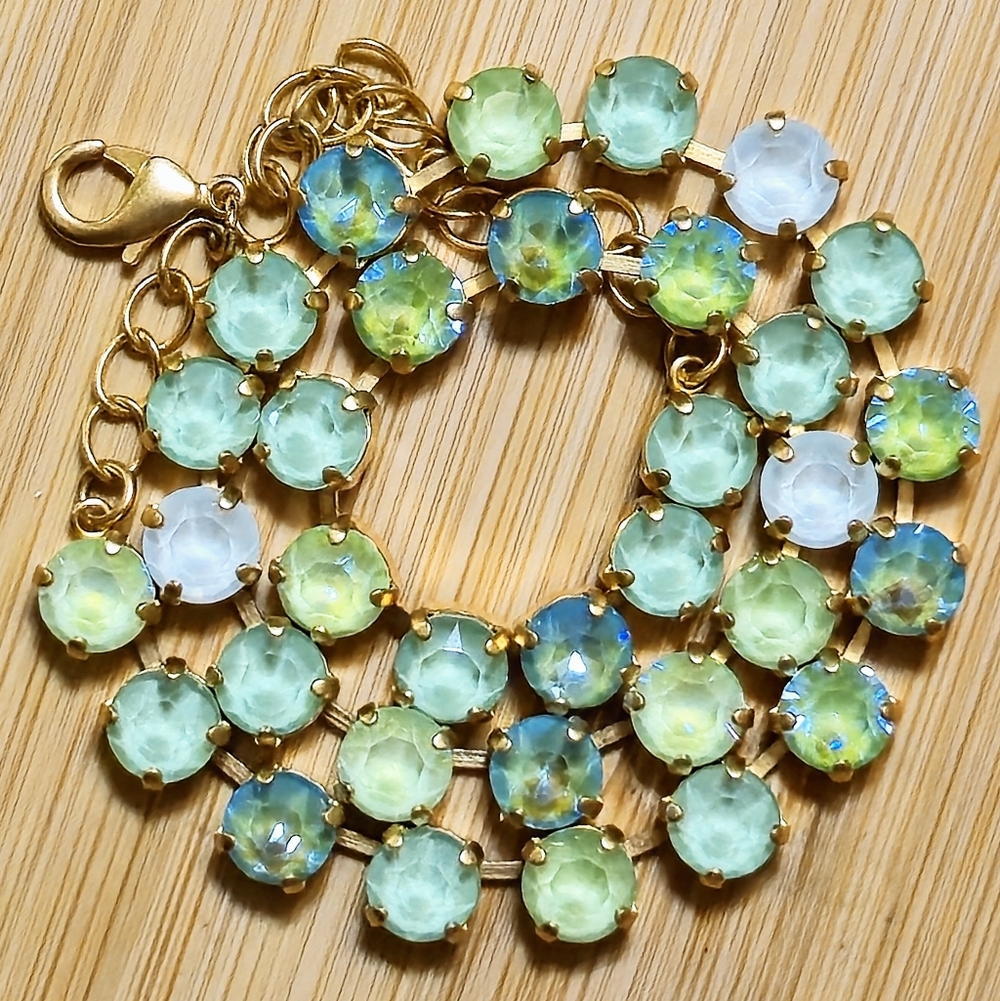Bright Green Pastel Swarovski Crystals In Classic Tennis Gold Plated Necklace